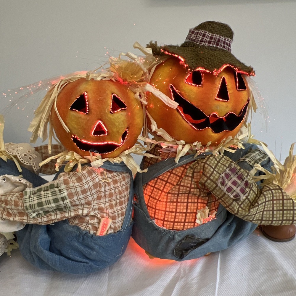 Vtg Gemmy Fiber Optic Lit Pumpkin Scarecrow Couple Halloween Fall Thanksgiving - Picture 9 of 14